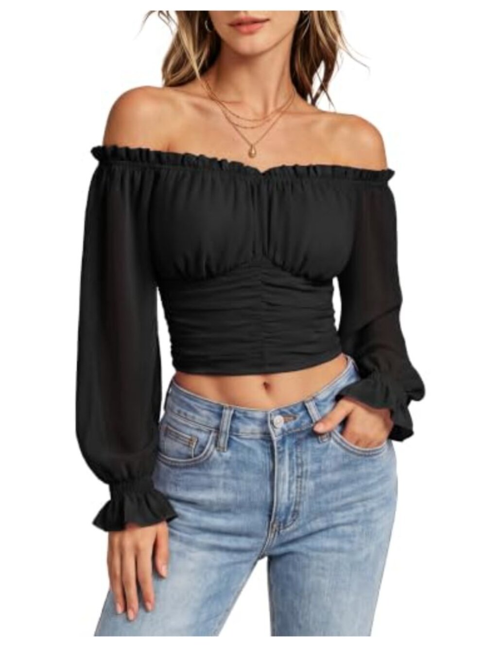 Women's Off Shoulder Crop Top Long Sleeve Going Out Blouse Chiffon